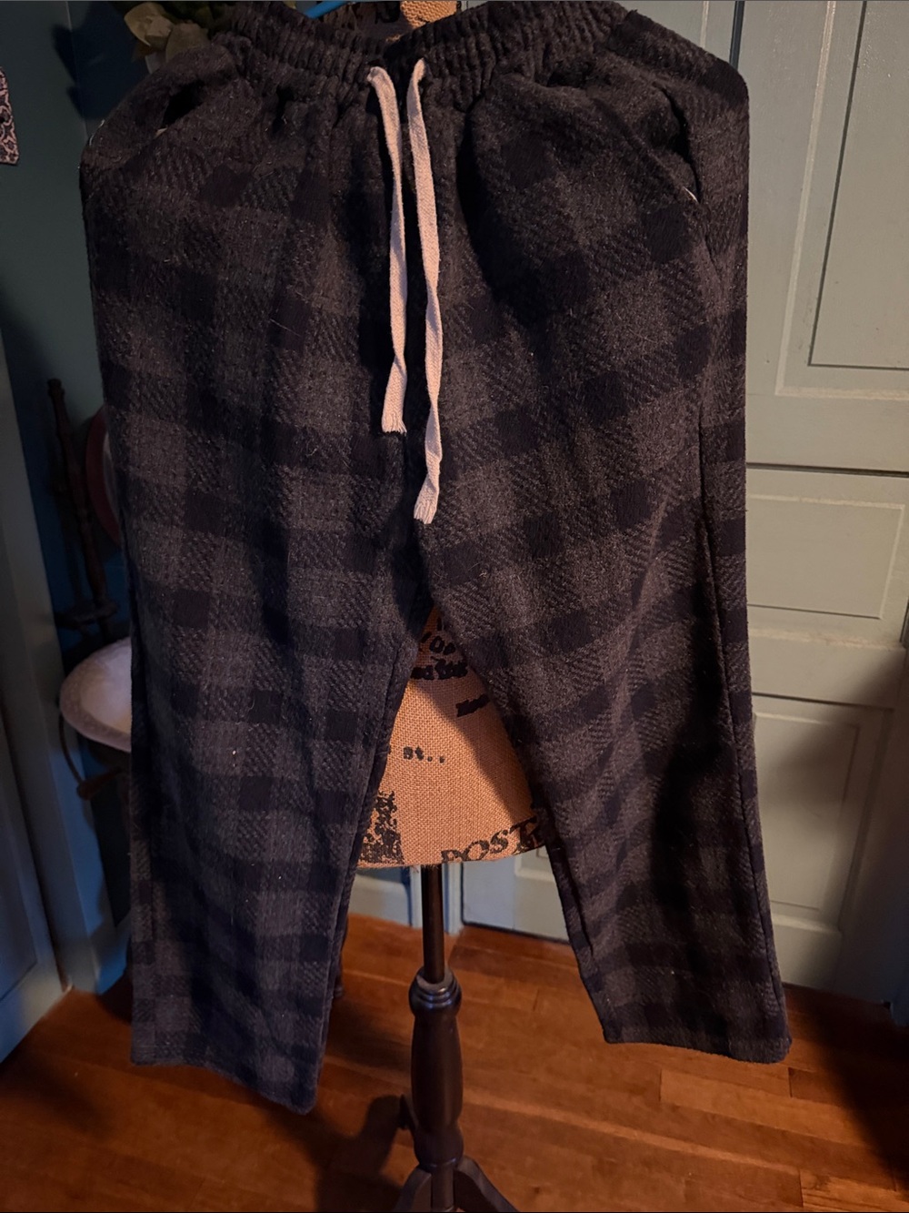Wide Leg Plaid Lounge Pants in Dark Gray